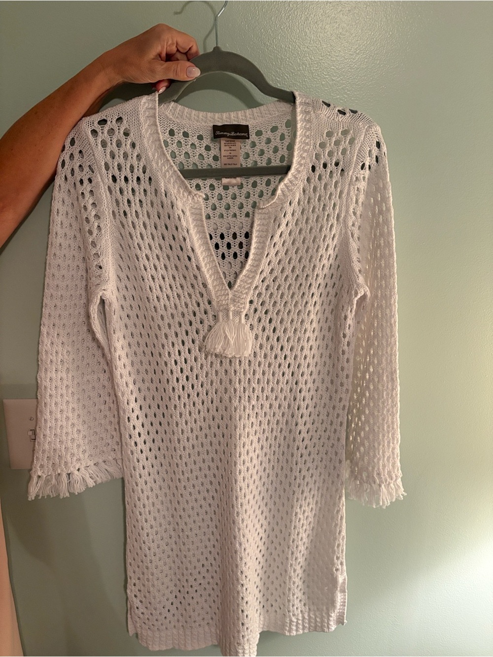 Tommy Bahama White Open-Knit Tassel Beach Cover-Up